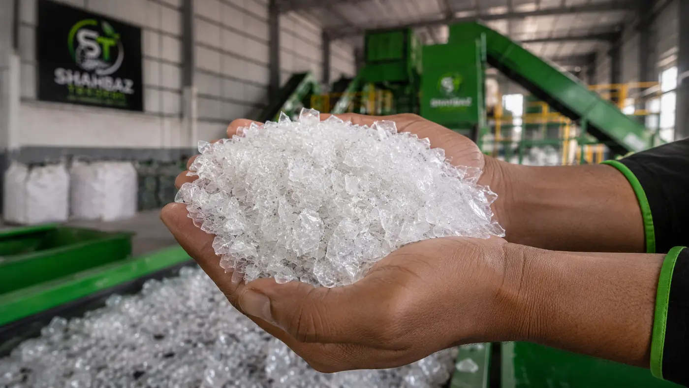 Hands holding recycled rPET flakes