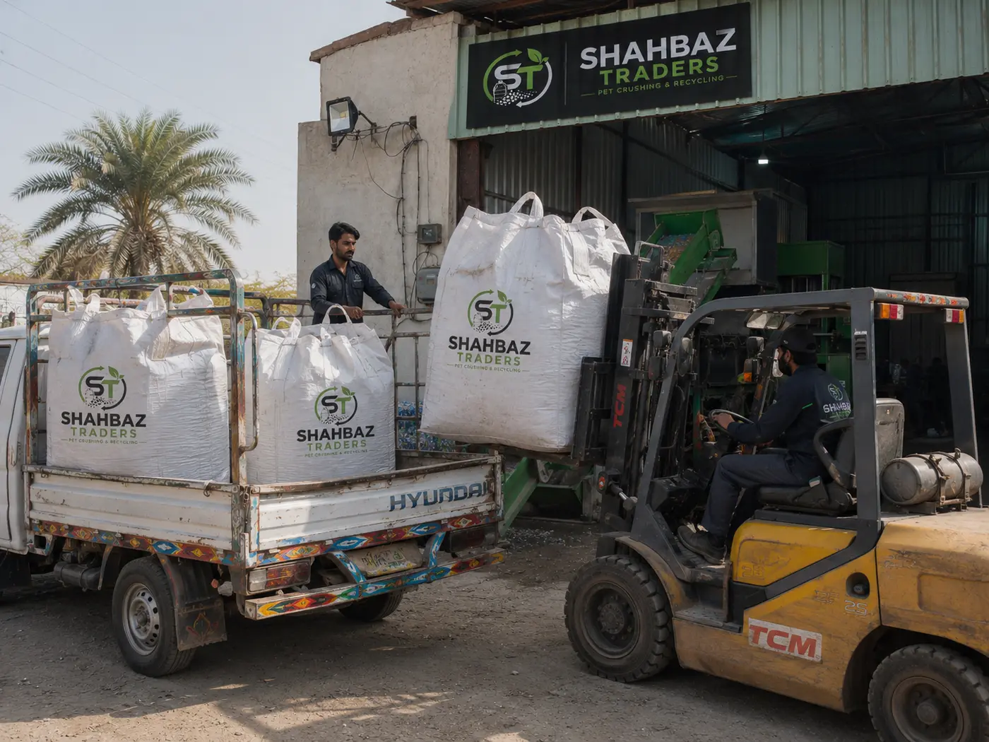 Packed bags of recycled rPET flakes