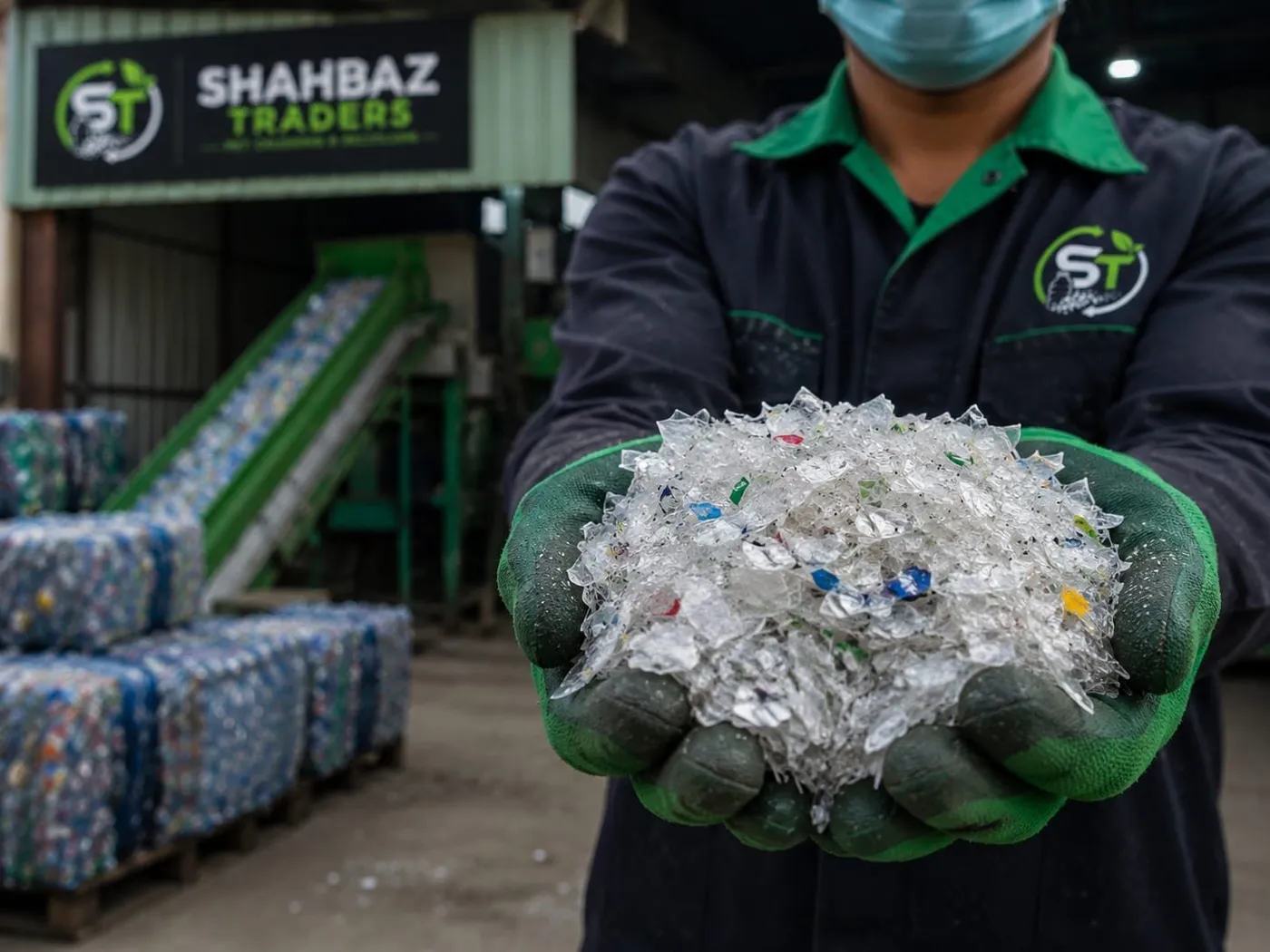 Shahbaz Traders worker holding clean recycled rPET flakes at the Okara facility